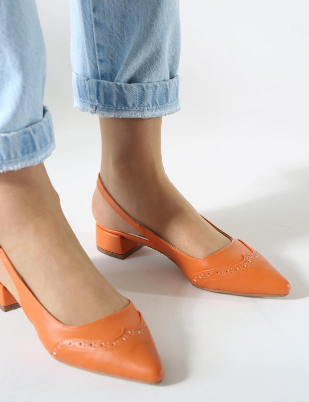 Ante Orange Mat Deri Kısa Topuklu Babet Ayakkabı