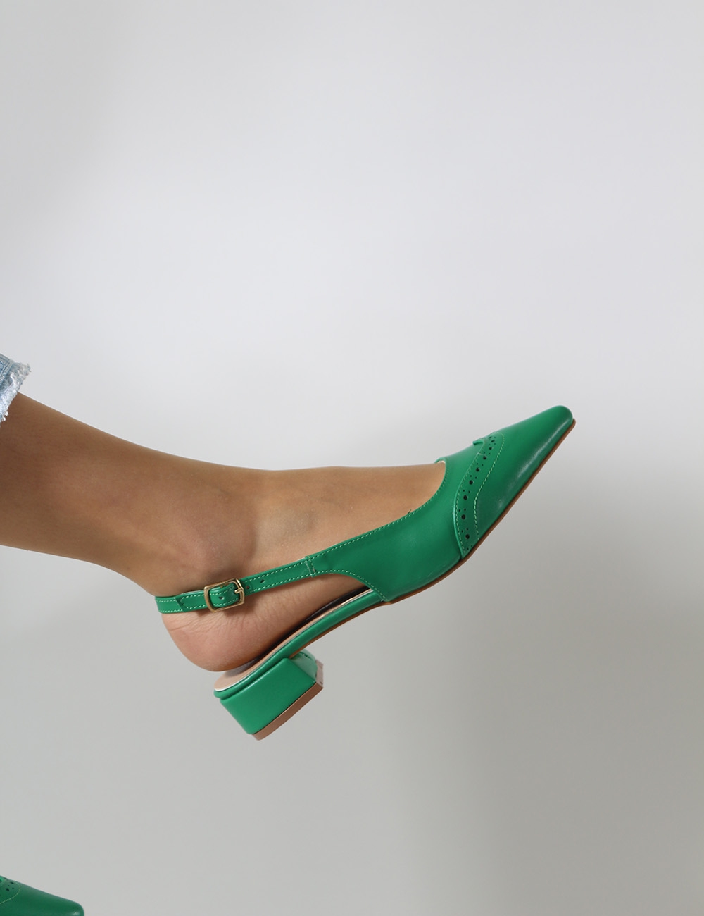 Ante Yeşil Mat Deri Kısa Topuklu Babet Ayakkabı