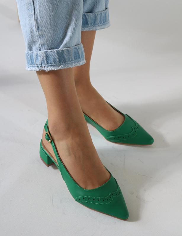 Ante Yeşil Mat Deri Kısa Topuklu Babet Ayakkabı