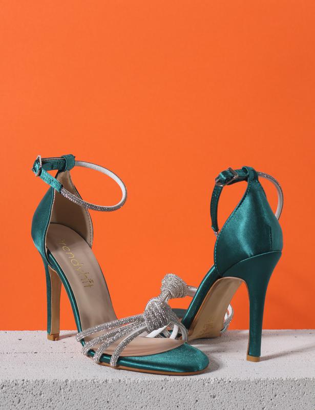 Aurora Yeşil saten Bilek Bağlı Taş Detay Kadın Topuklu Ayakkabı