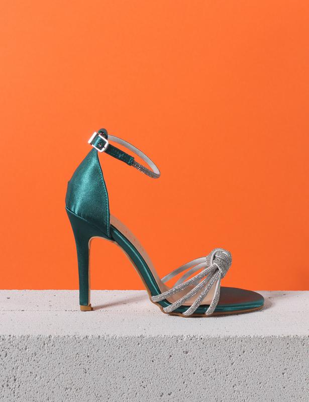 Aurora Yeşil saten Bilek Bağlı Taş Detay Kadın Topuklu Ayakkabı
