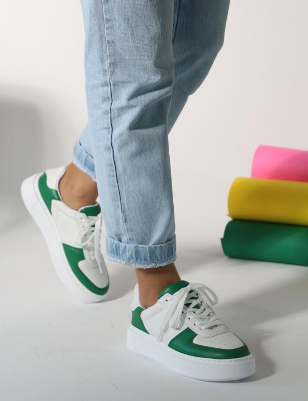 Axel beyaz yeşil mat deri Düz Taban Bağcıklı Kadın Sneakers 