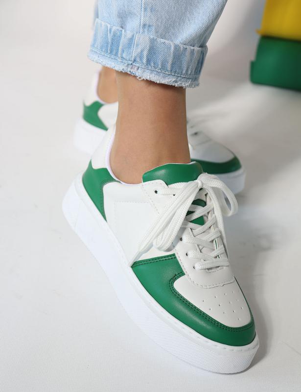 Axel beyaz yeşil mat deri Düz Taban Bağcıklı Kadın Sneakers 