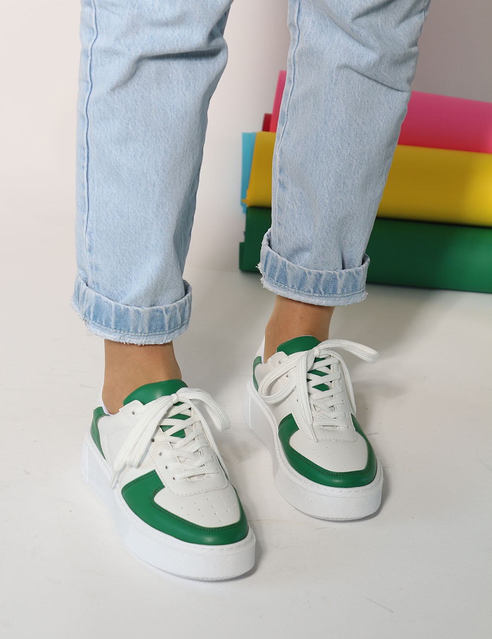 Axel beyaz yeşil mat deri Düz Taban Bağcıklı Kadın Sneakers 