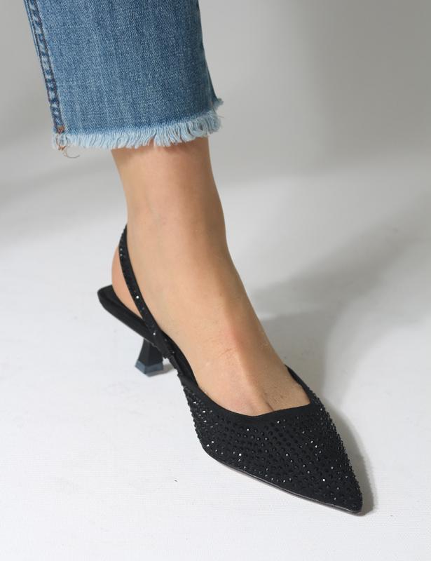 Fegi Siyah Taşlı Kısa Topuklu Kadın Ayakkabı