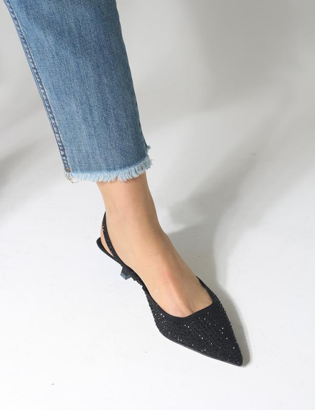 Fegi Siyah Taşlı Kısa Topuklu Kadın Ayakkabı