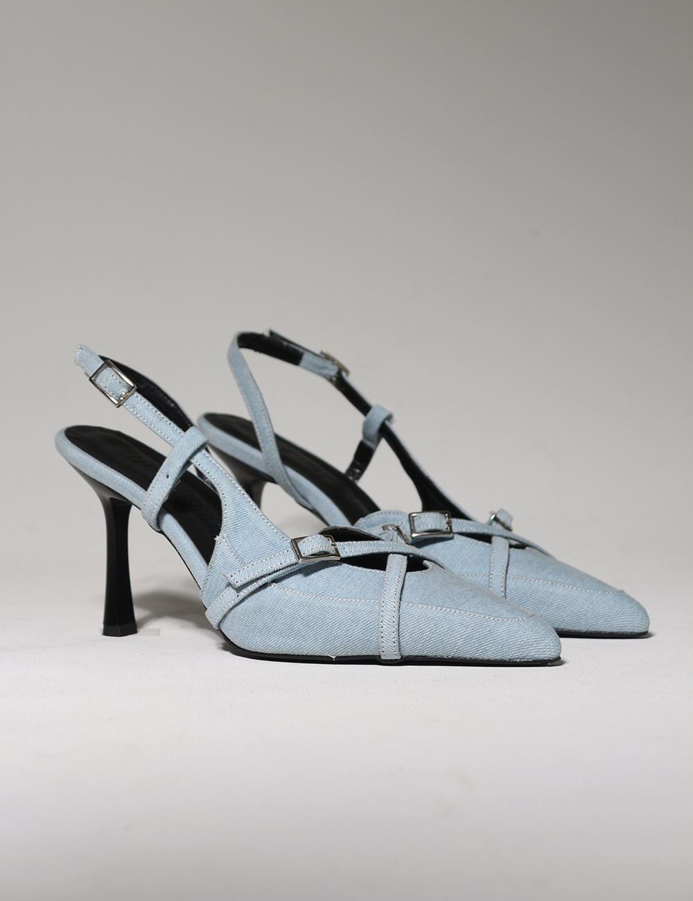  Jade Buz Mavi Kot Çapraz Kemerli 8cm Kadın Topuklu Ayakkabı
