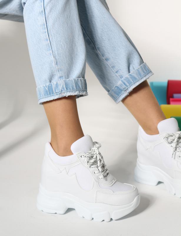 Lora Beyaz mat Deri Fileli Gizli Topuk Kadın Sneakers