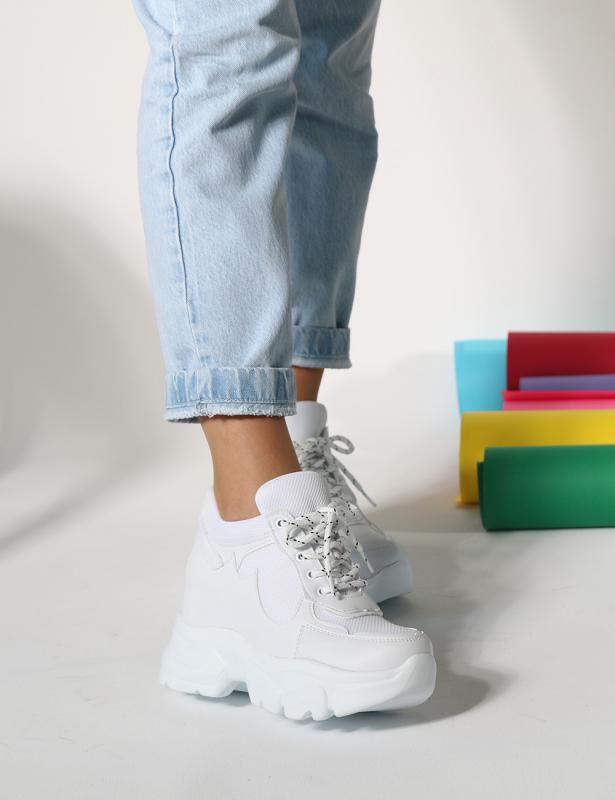 Lora Beyaz mat Deri Fileli Gizli Topuk Kadın Sneakers