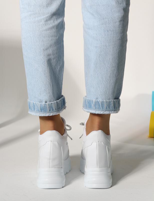 Lora Beyaz mat Deri Fileli Gizli Topuk Kadın Sneakers