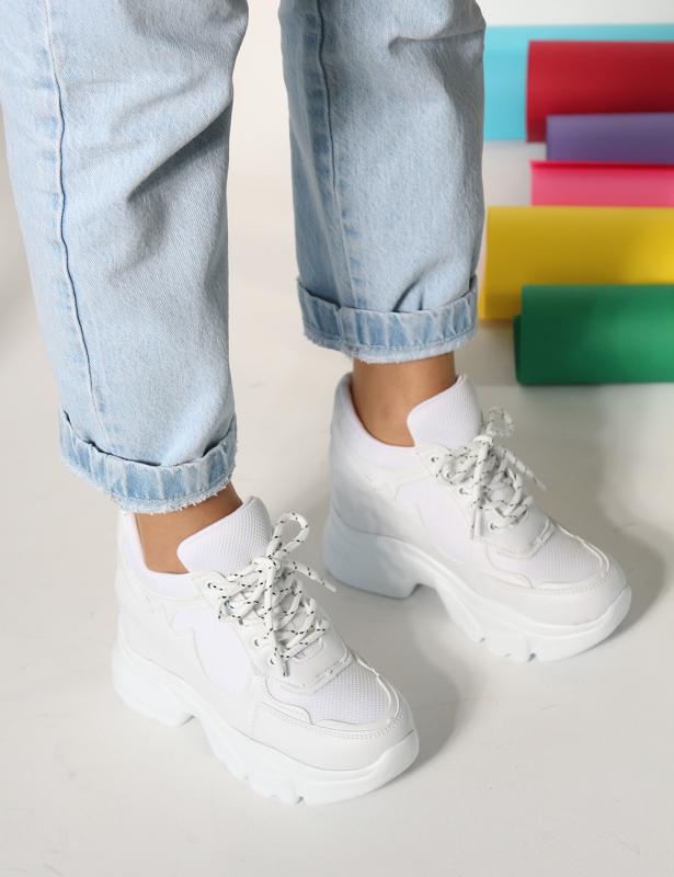 Lora Beyaz mat Deri Fileli Gizli Topuk Kadın Sneakers