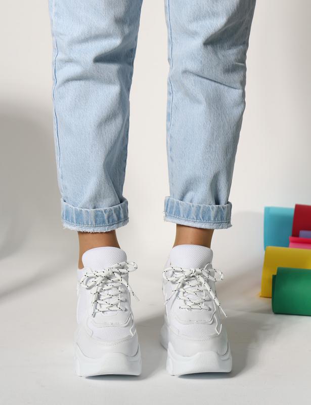 Lora Beyaz mat Deri Fileli Gizli Topuk Kadın Sneakers