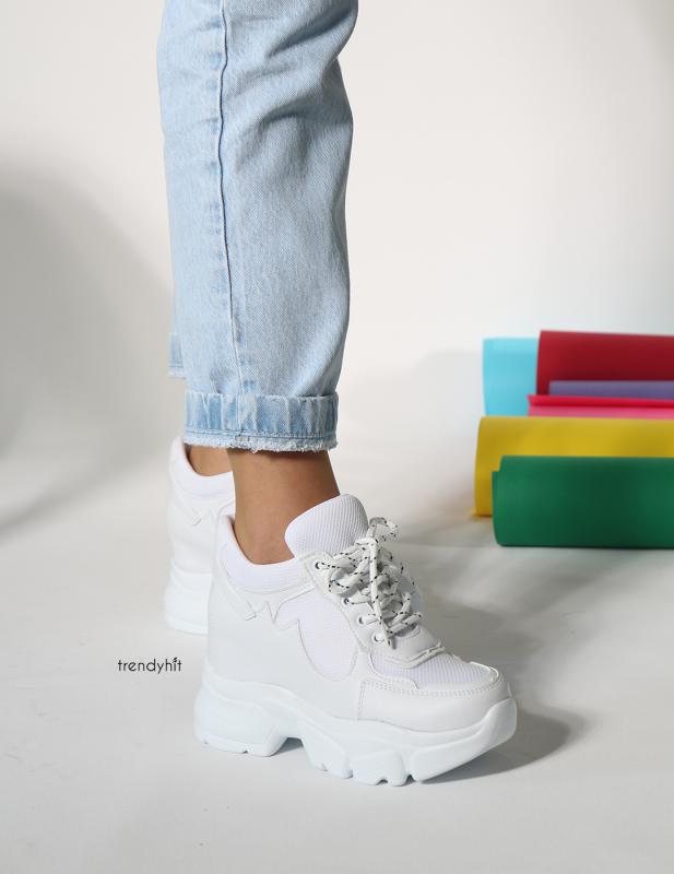 Lora Beyaz mat Deri Fileli Gizli Topuk Kadın Sneakers