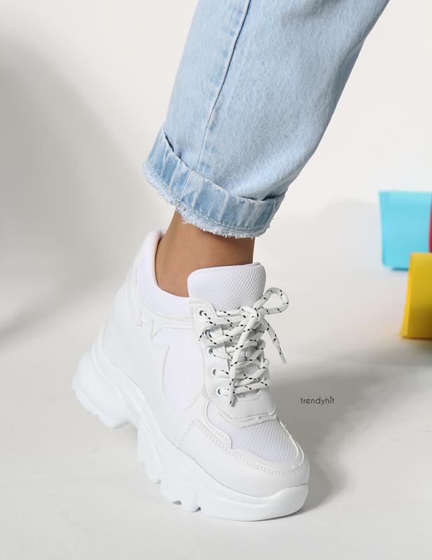 Lora Beyaz mat Deri Fileli Gizli Topuk Kadın Sneakers