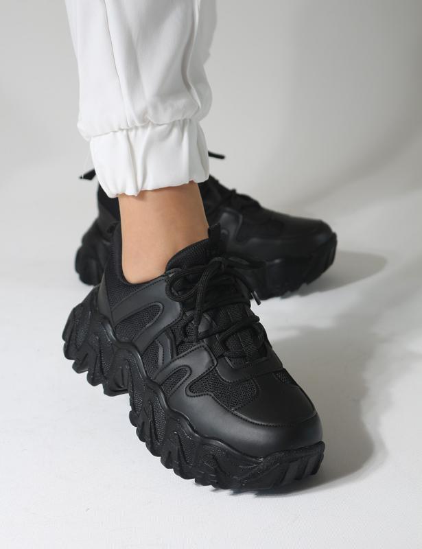 Tolso Siyah Mat Fileli Tırtıklı Taban Kadın Sneakers