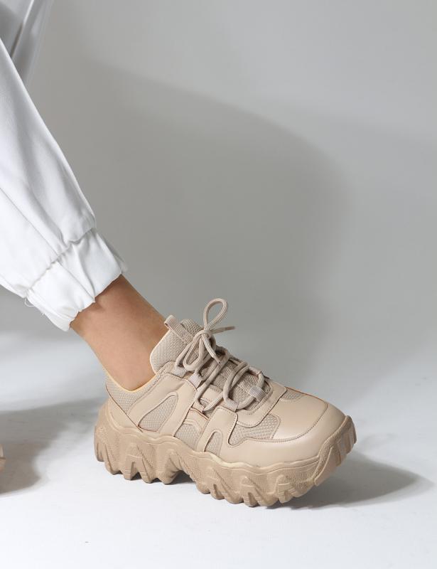 Tolso Ten Renk Fileli Tırtıklı Taban Kadın Sneakers