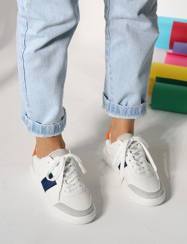 Tone%20beyaz%20turuncu%20lacivert%20Detaylı%20Düz%20Taban%20Bağcıklı%20Kadın%20Sneakers