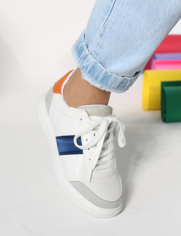 Tone%20beyaz%20turuncu%20lacivert%20Detaylı%20Düz%20Taban%20Bağcıklı%20Kadın%20Sneakers