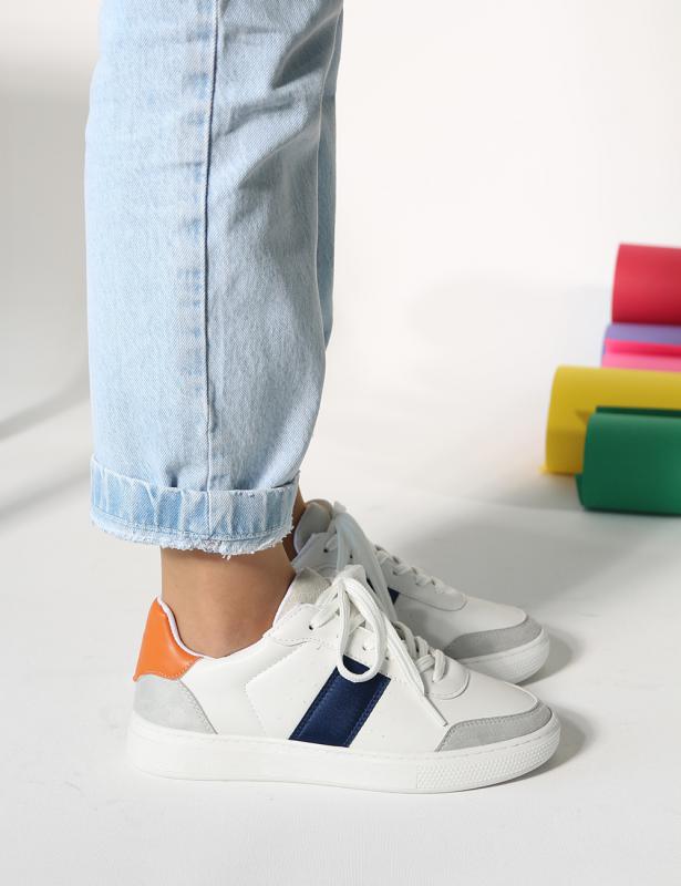 Tone%20beyaz%20turuncu%20lacivert%20Detaylı%20Düz%20Taban%20Bağcıklı%20Kadın%20Sneakers