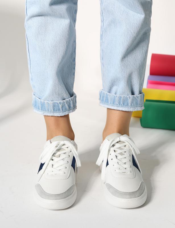 Tone%20beyaz%20turuncu%20lacivert%20Detaylı%20Düz%20Taban%20Bağcıklı%20Kadın%20Sneakers