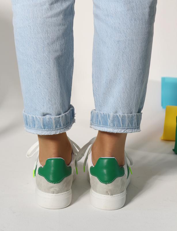 Tone%20beyaz%20yeşil%20mat%20deri%20Düz%20Taban%20Bağcıklı%20Kadın%20Sneakers