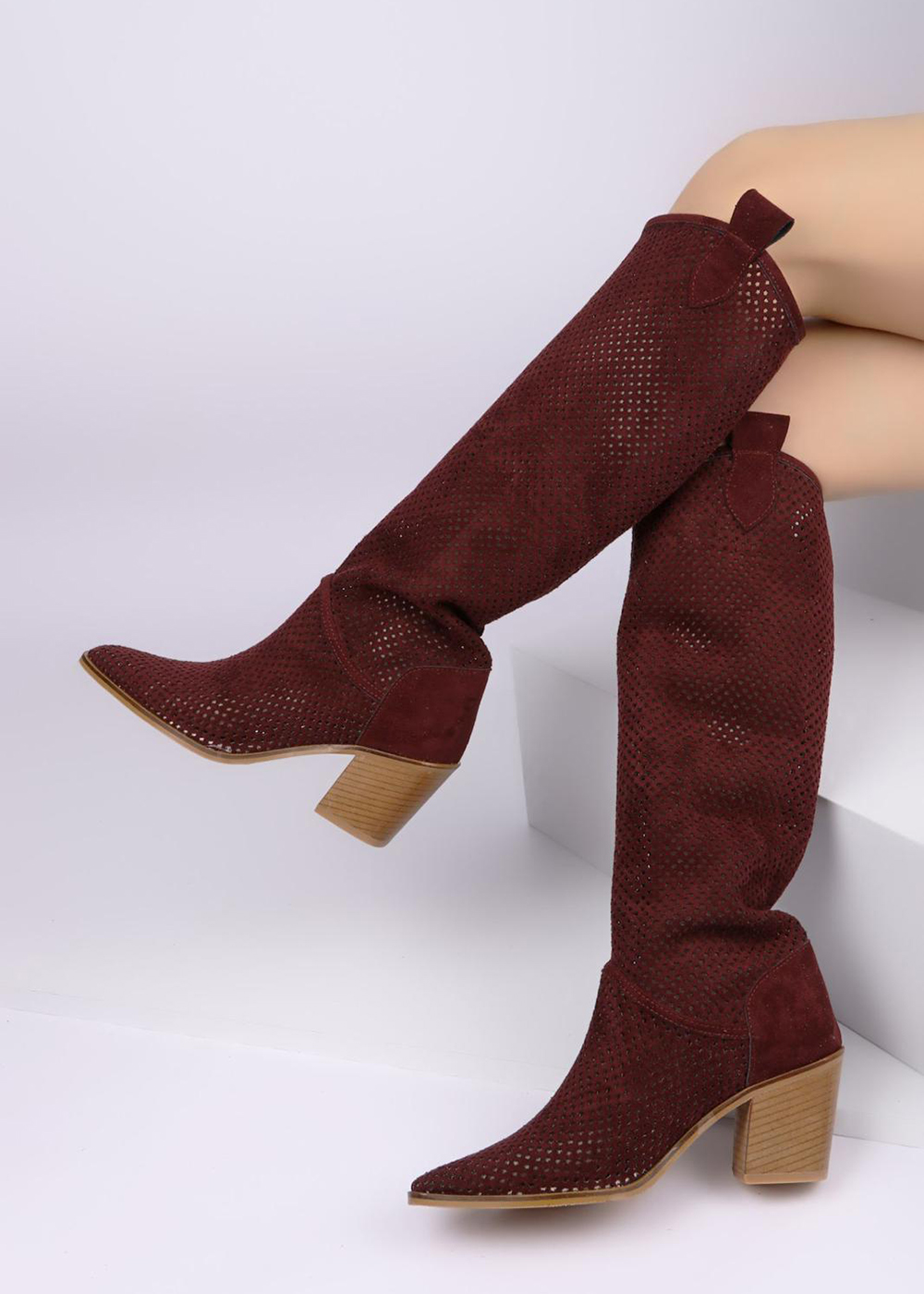 Venedik%20Bordo%20Süet%20Delikli%20Western%20Kadın%20Çizme