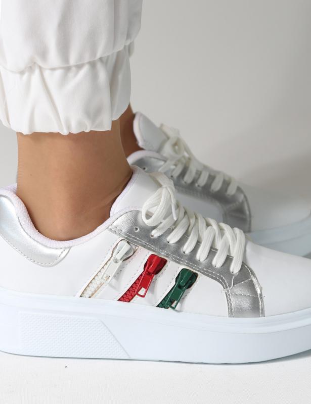 Zipper beyaz renkli Fermuar Detaylı Bağcıklı Kadın Sneakers