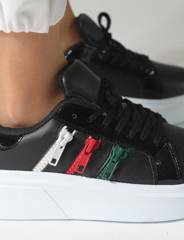 Zipper%20siyah%20renkli%20Fermuar%20Detaylı%20Bağcıklı%20Kadın%20Sneakers