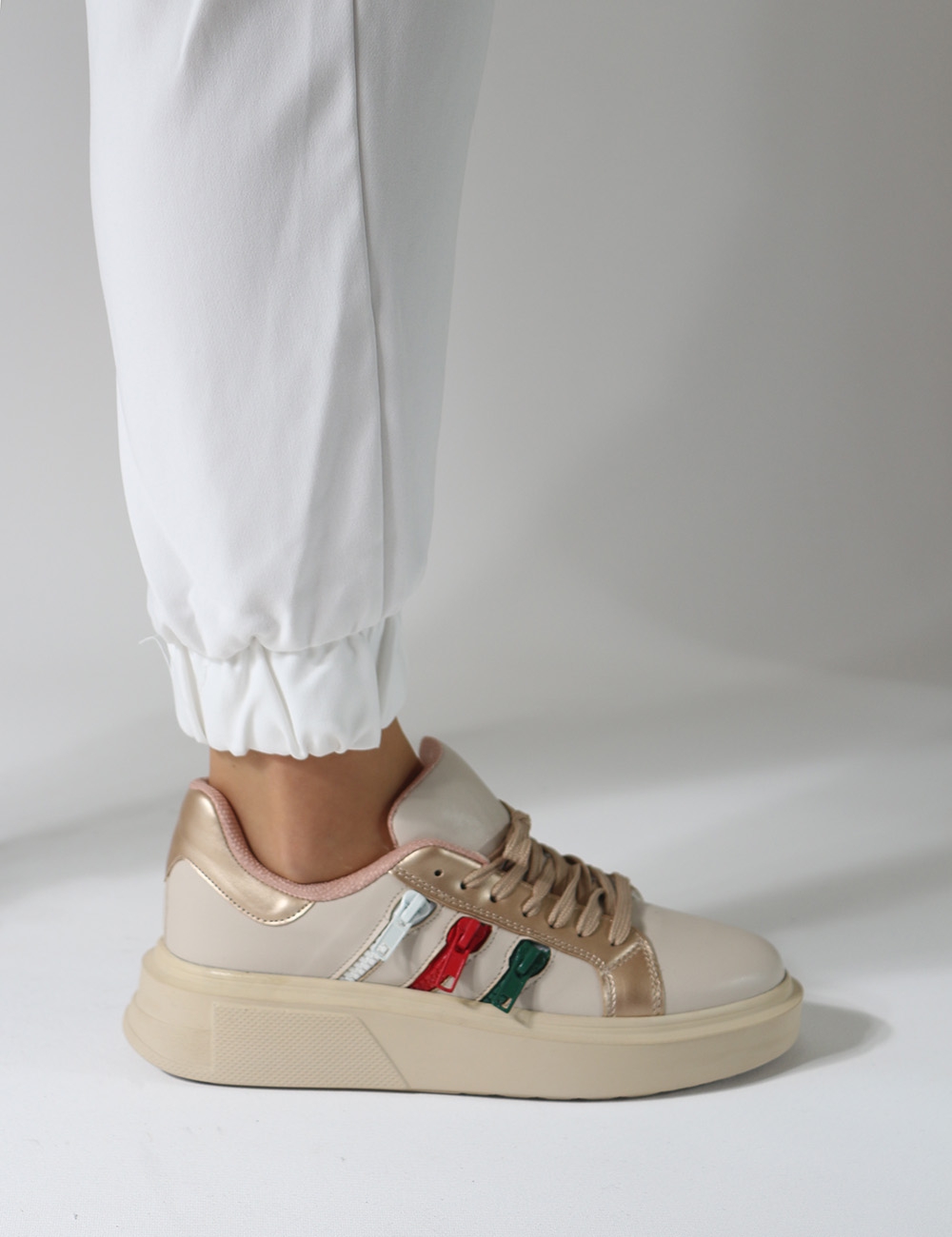 Zipper%20Ten%20mat%20Renkli%20Fermuar%20Detaylı%20Bağcıklı%20Kadın%20Sneakers