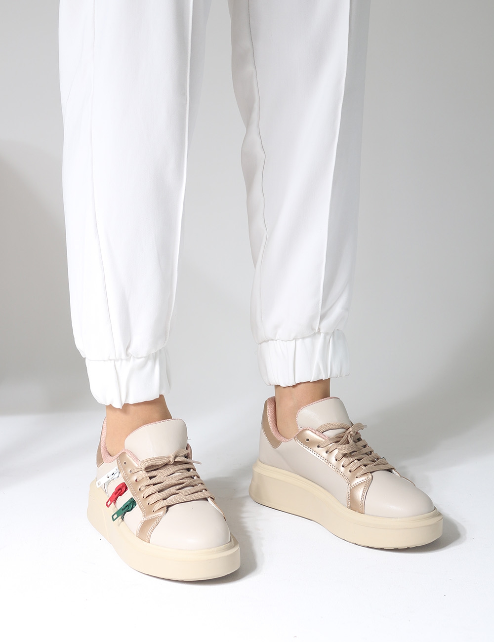 Zipper%20Ten%20mat%20Renkli%20Fermuar%20Detaylı%20Bağcıklı%20Kadın%20Sneakers